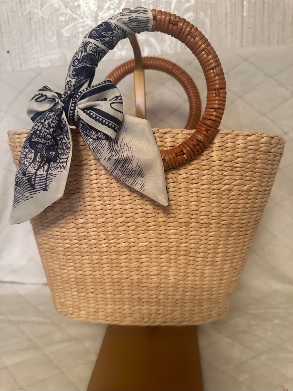 Straw Woven Tote with Round Rattan Handles and Navy Scarf